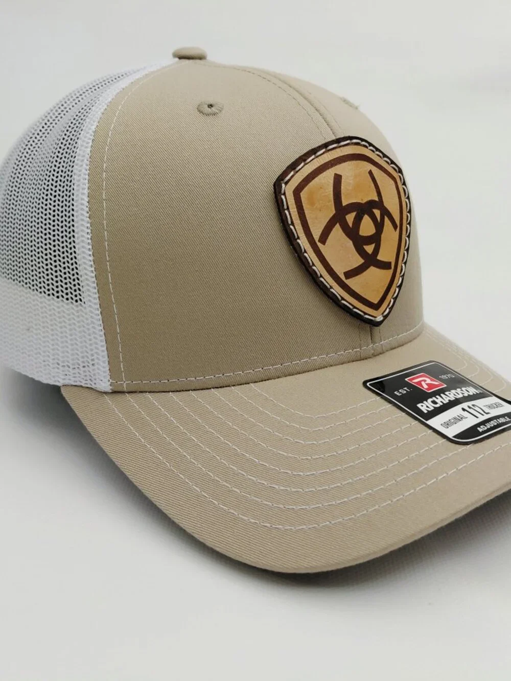 Western Shield Leather Patch Khaki White Richardson 112 Trucker Hat Cap New Aria